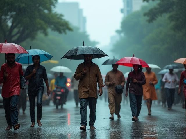 मानसून के मौसम में मुंबई की सड़क पर भीगते लोग